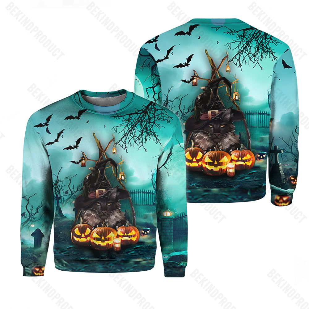 Black Cat And Pumkin Happy Blue Halloween Crewneck Sweatshirt All Over Print Sweatshirt For Women Sweatshirt For Men Swn1110