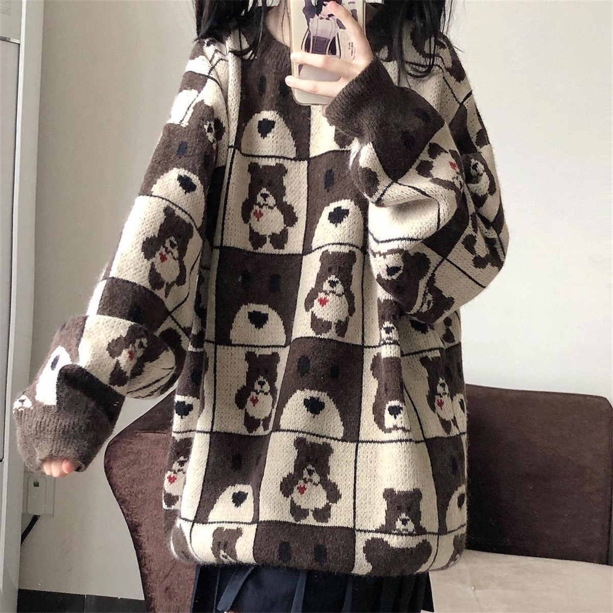 Cute Bear Tops Oversize Men High Street Knitting Sweater Tops Autumn Pullover Loose Harajuku Kawaii Brown Women Couple Sweaters alx