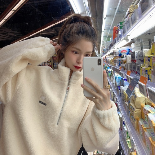 Velvet Thick Hoodies Jacket Autumn Winter Korean Fashion Loose Lamb Imitation Plush Zipper Sweatshirt Women Ulzzang Pullover alx