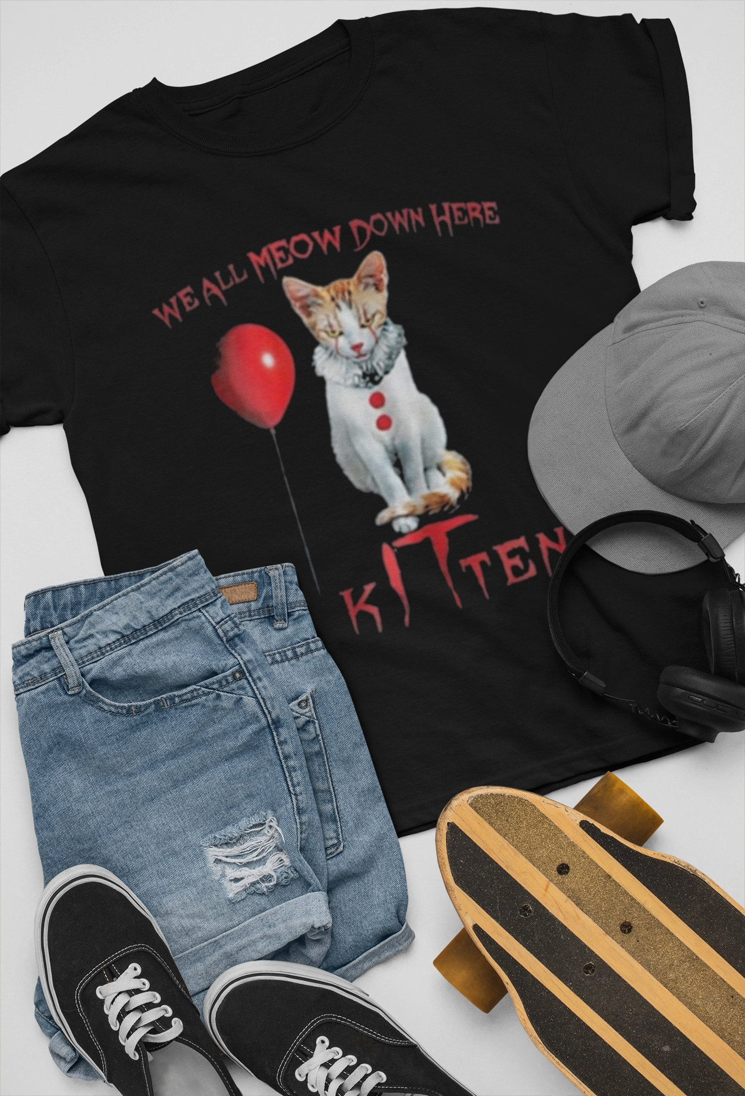 We All Meow Down Here Kitten Halloween Horror Parody Novelty Gift Short Sleeve Unisex T Shirt