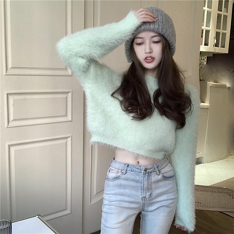 Sweet Faux Mink Hairy Pullover Sweater For Women O Neck Long Sleeve Loose Short Sweater Lady Casual Soft Warm Jumper alx