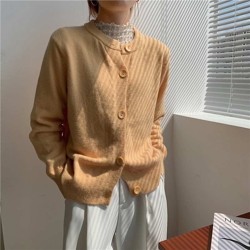 Winter Women’s Clothing Sweater Coat Korean Fashion Retro Single-Breasted Crew Neck Cardigan Yellow Long Sleeves Knitting Top alx