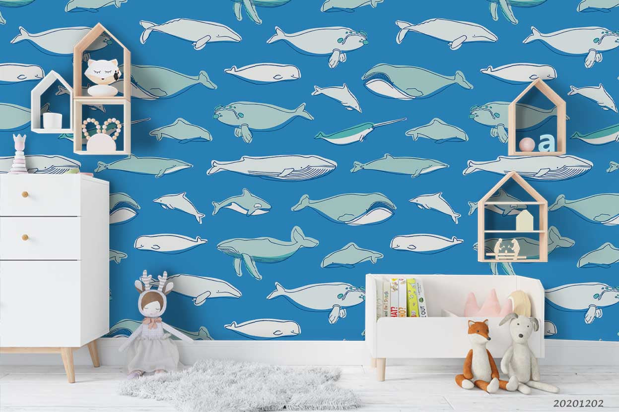 3D Cartoon Hand Drawn Dolphin Whale Fish Blue Pattern Wall Mural Wallpaper Lxl