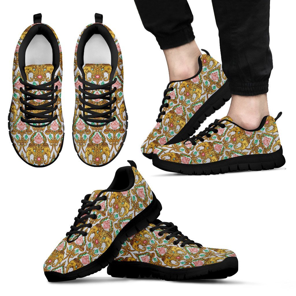 Thai Lotus Elephant Print Black Sneaker Shoes For Men Women