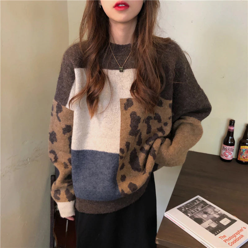 Vintage Leopard Pattern Knitted Brown Sweater