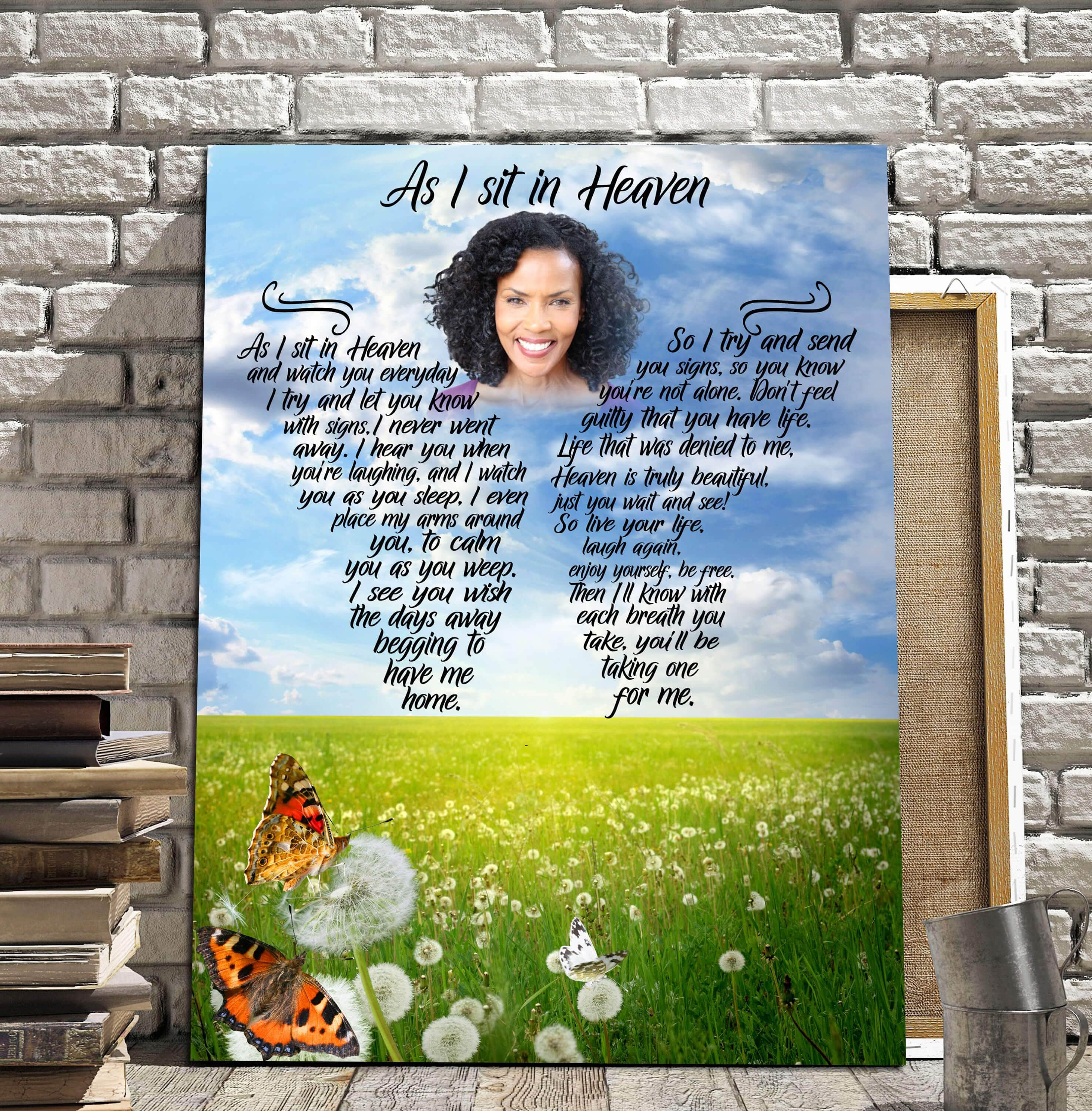 As I Sit In Heaven Flower Butterfly Background, Personalized Photo Memorial Poster Canvas, Gift For Family Gift for Remembrance Home Decor Wall Art Visual Art