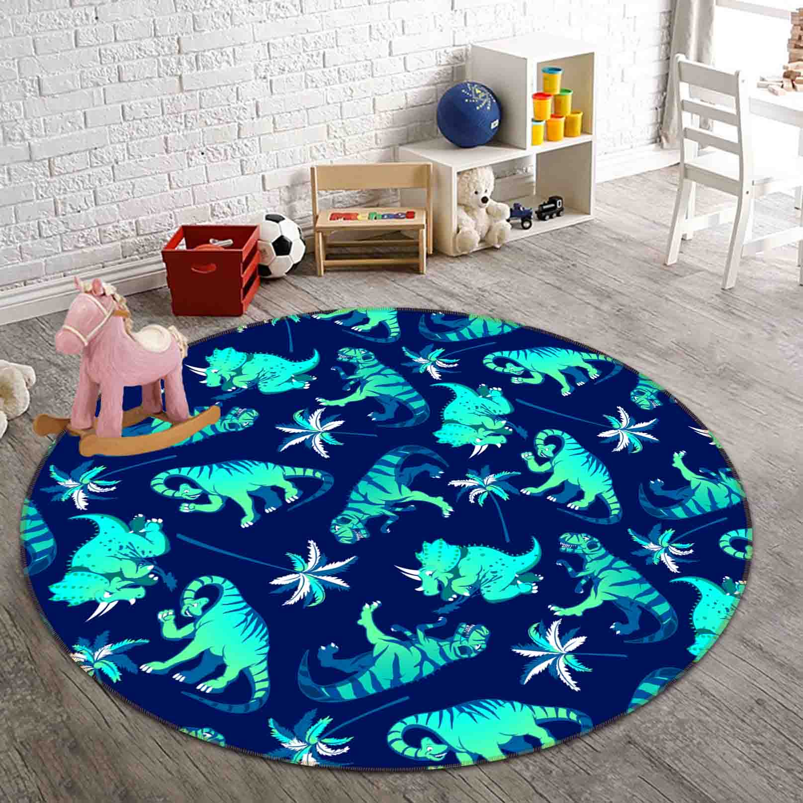 3D Cartoon Animal Dinosaur Blue Kids Non-Slip Round Rug Mat 143