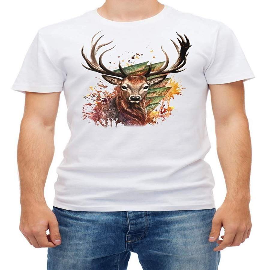 Watercolor Deer Short Sleeve White T-Shirt Men Printed Tee