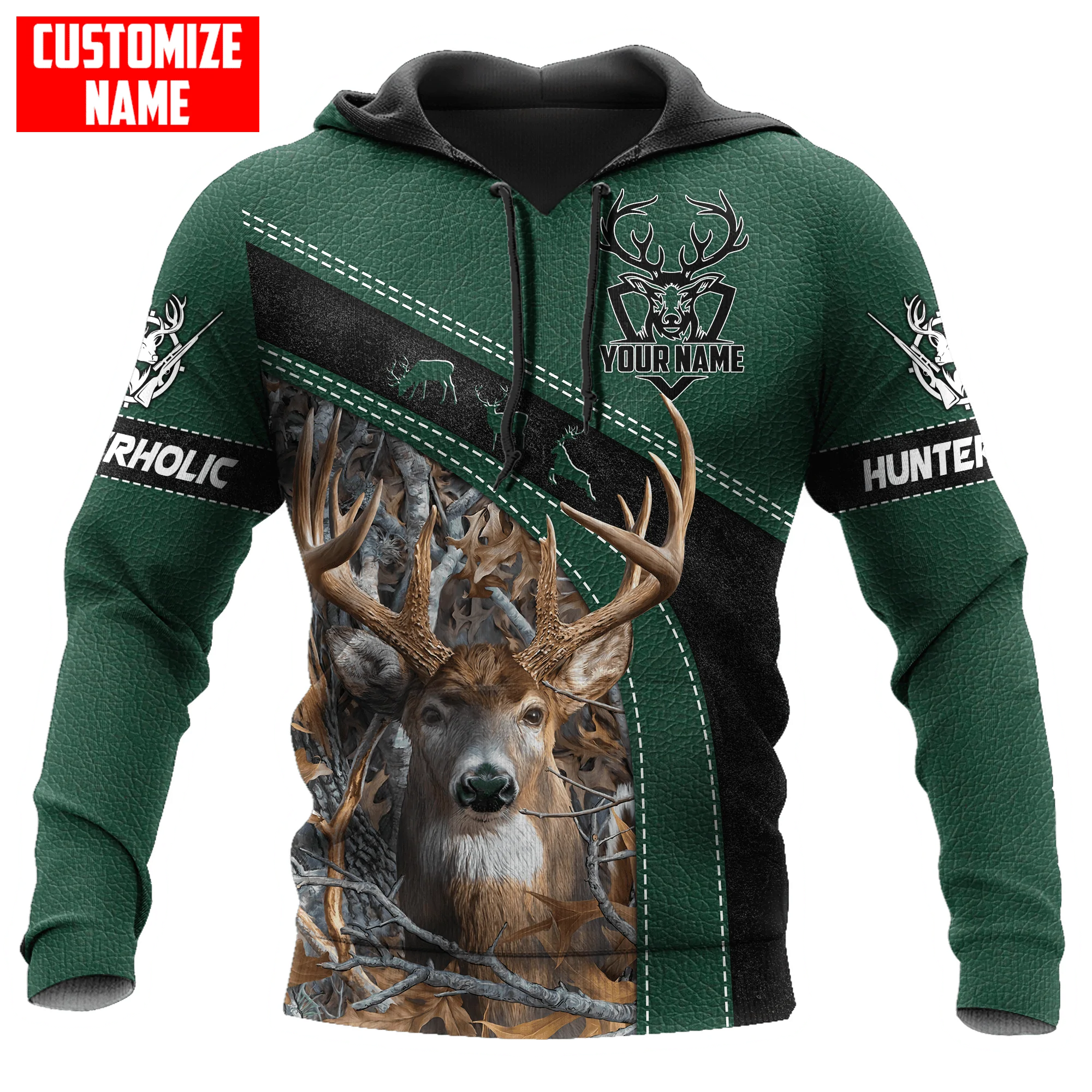 Personalized Hunting Green Leather Pattern Hoodie, Hunting Hoodie, Deer Hunter Hoodie For Men Women