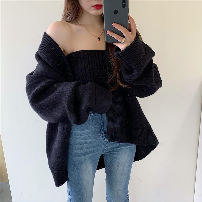 Sweater Knitting Large Size Female Outfits New 2022 Autumn And Winter Fashion V-neck Long Cardigan Top + Casual Solid Tank Set alx