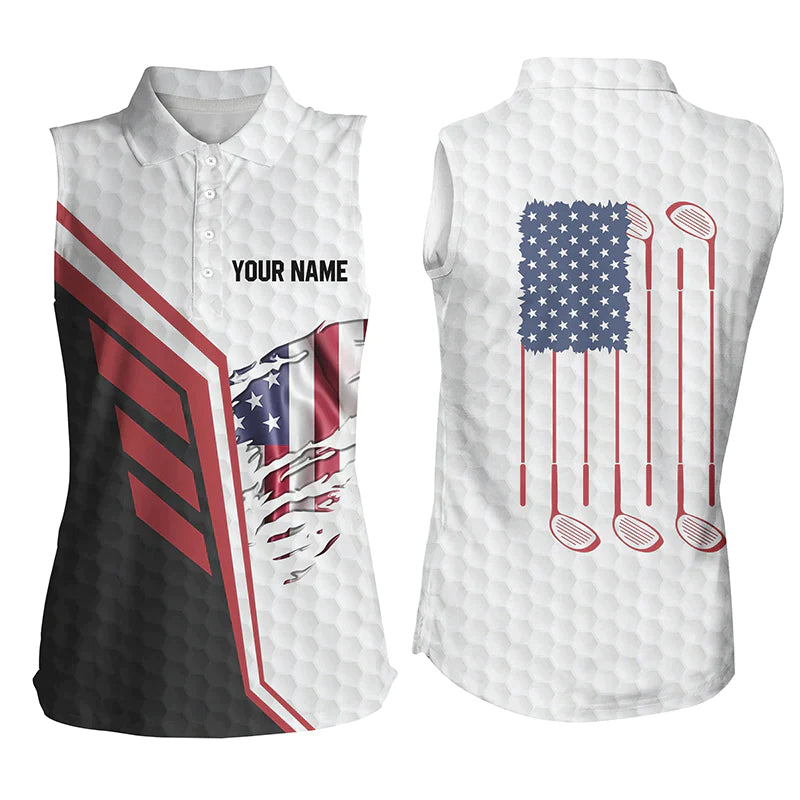 American Flag Golf Clubs White Golf Balls Skin Custom Women Sleeveless Polo Shirts, Golfing Gifts