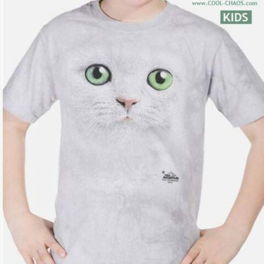 Big Face Kitten T-Shirt /Gray Tie Dye Tee;Grey Kitty,Green Eyes,Cool Kids Tee