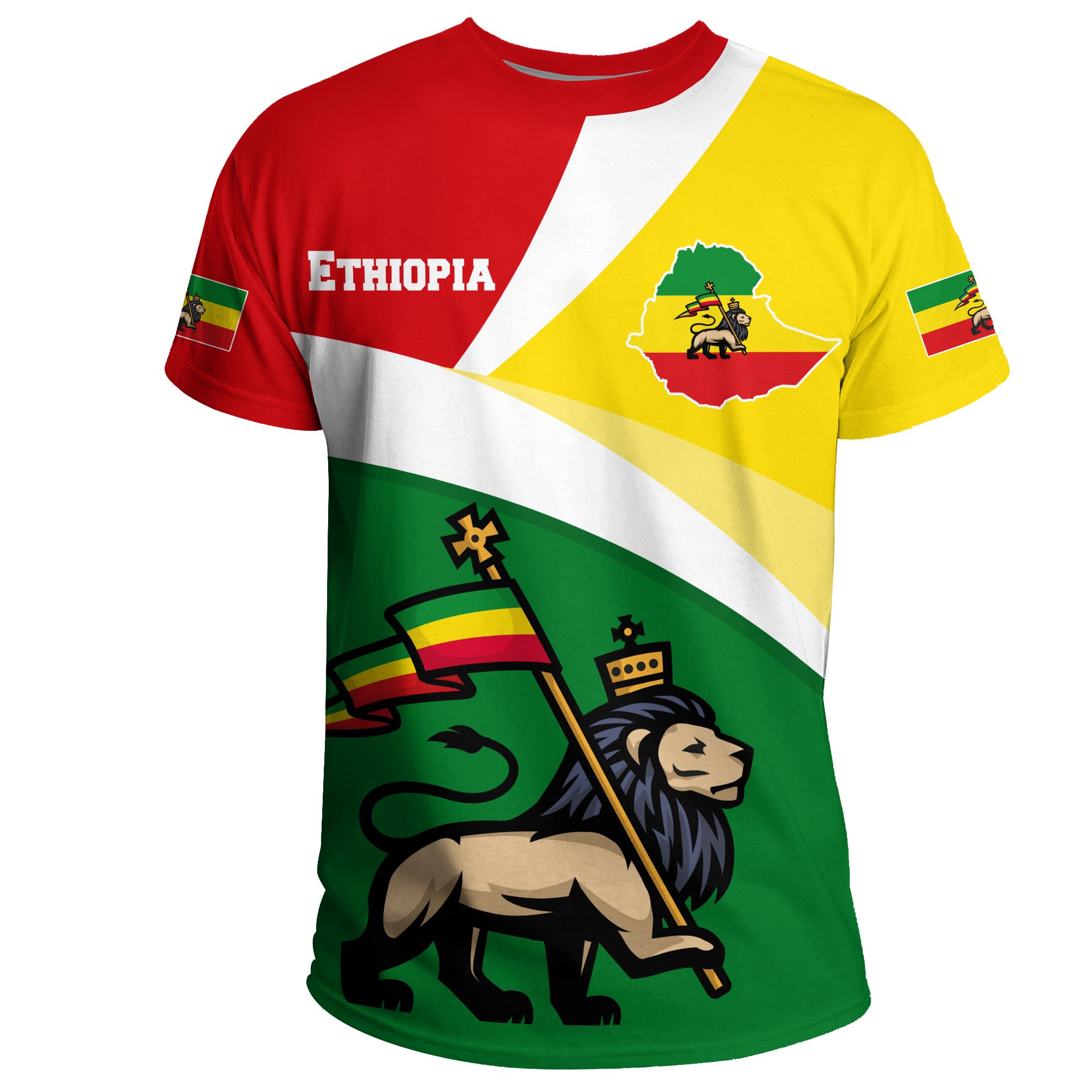 1stTheWorld Ethiopia T-shirt, Ethiopia Flag Maps Green Lion A10