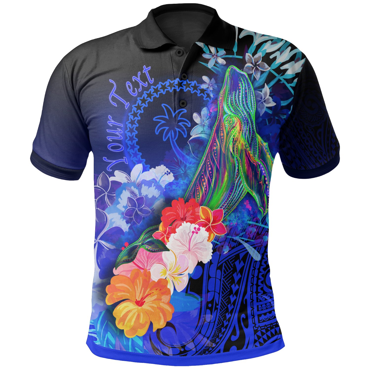 [Custom Personalised] Chuuk PoLo Shirt – Humpback Whale with Tropical Flowers (Blue)- BN18