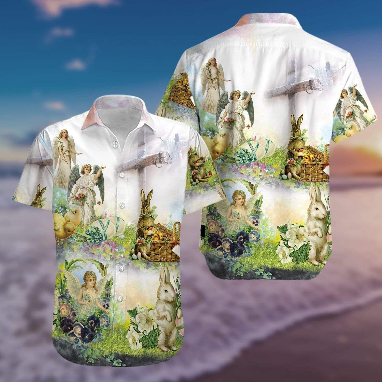 High Quality Vintage Jeus And Angel Bunny Eggs Easter Day Hawaii Aloha Shirts V Ha29461