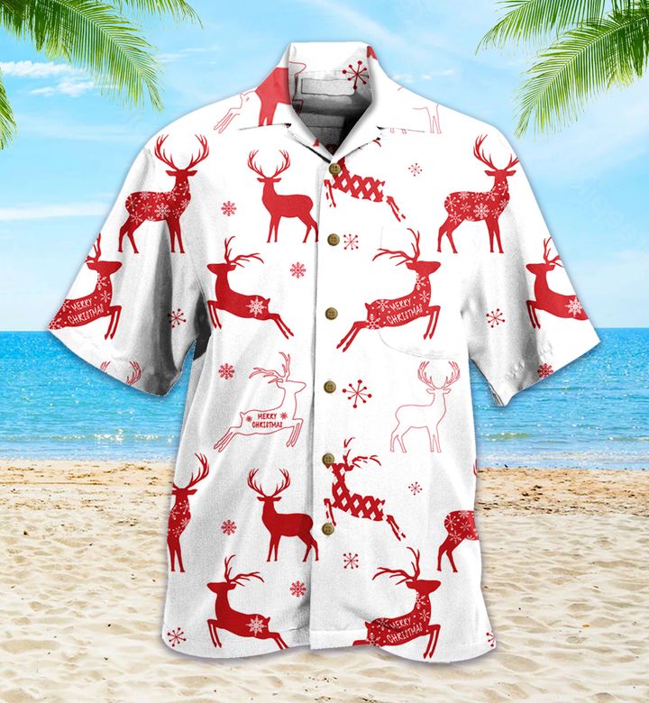 Reindeer Silhouette White Hawaiian Shirt 3D
