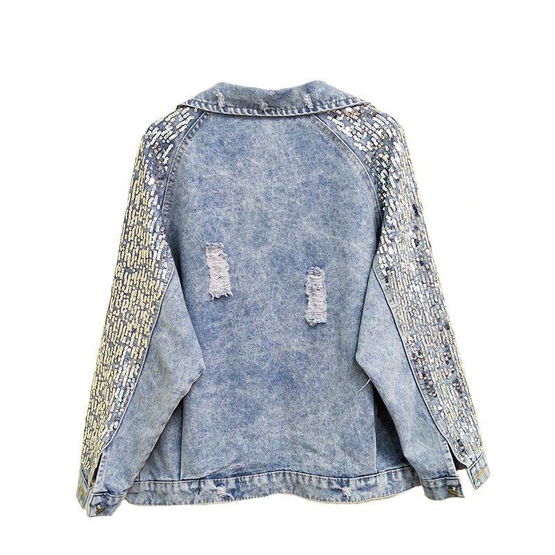 Basics Loose  Long Sleeve Sequin Denim Jackets