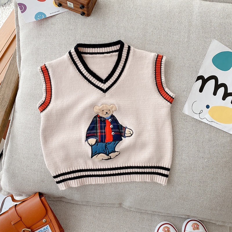 Autumn Baby Boys Cartoon Bear Knitted Sweater Knitwear Kids Clothes Toddler Girls Preppy Style Sweater Vest Children Pullovers alx