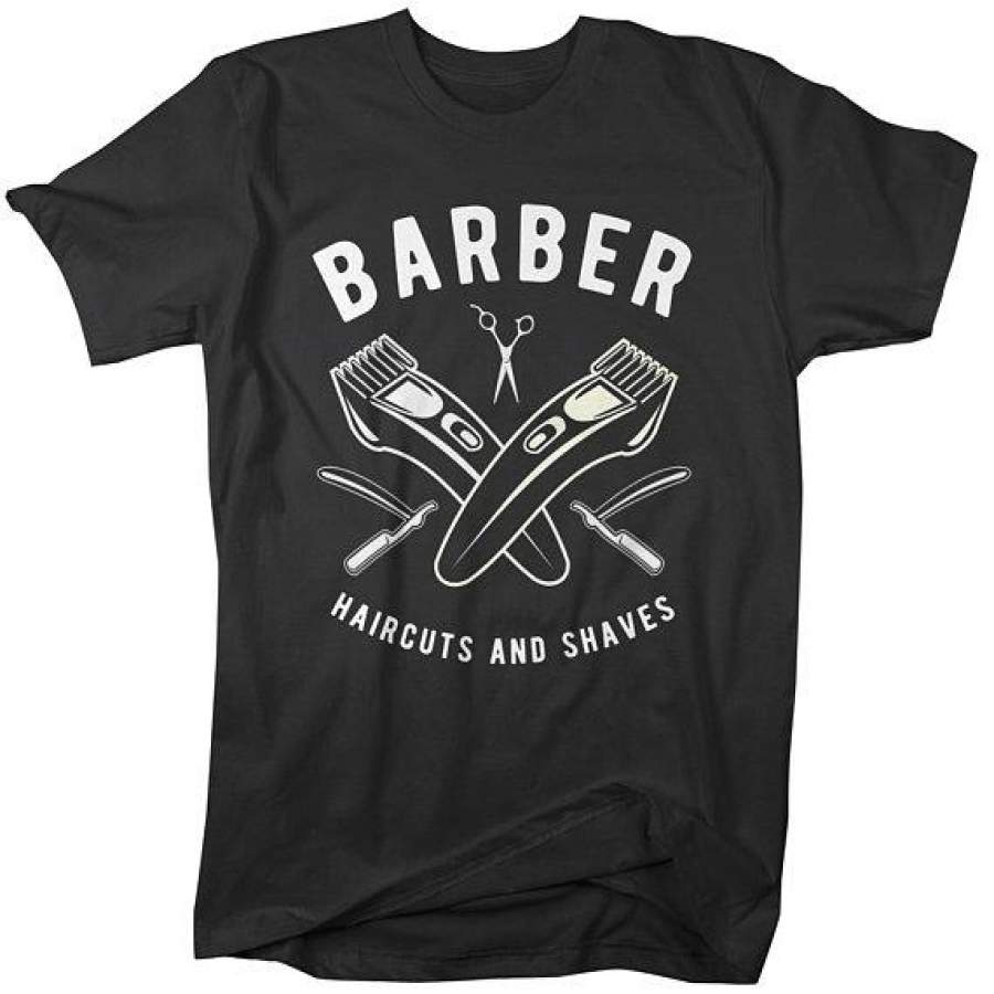 Men’s Barber T-Shirt Haircuts & Shaves Vintage Tee Razor Clippers Shirt For Hipster Barbers