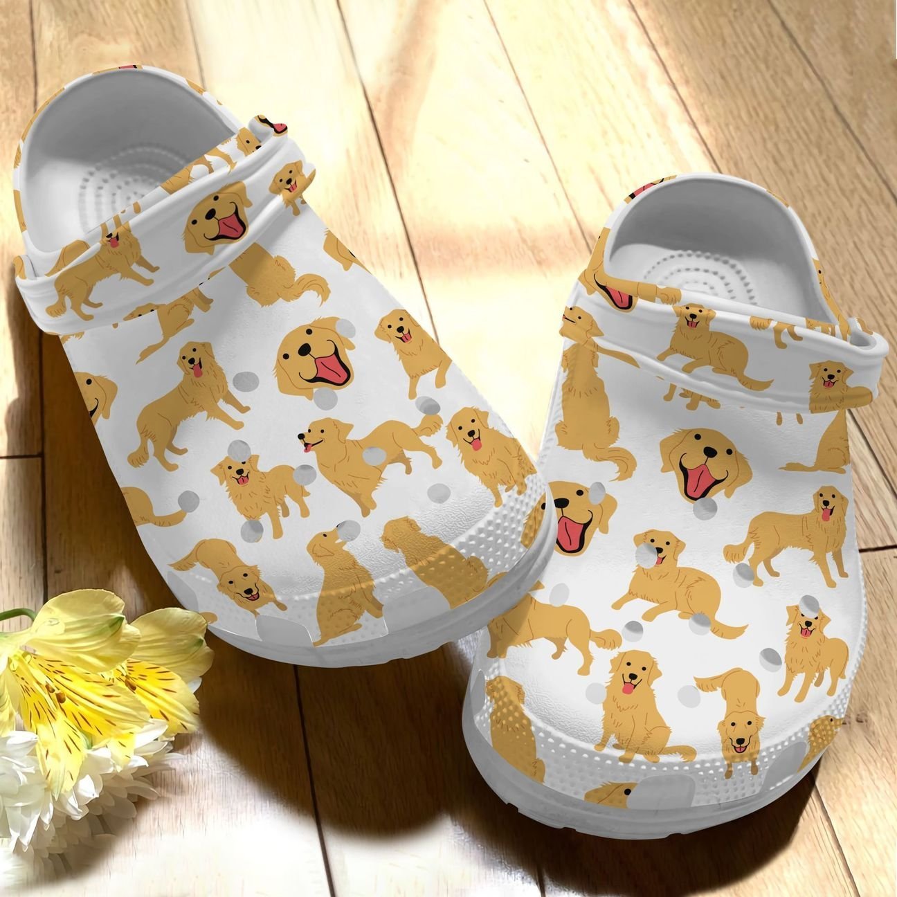 Golden Retriever Personalize Clog, Custom Name, Text, Fashion Style For Women, Men, Kid, Print 3D Whitesole Cute Golden Retriever