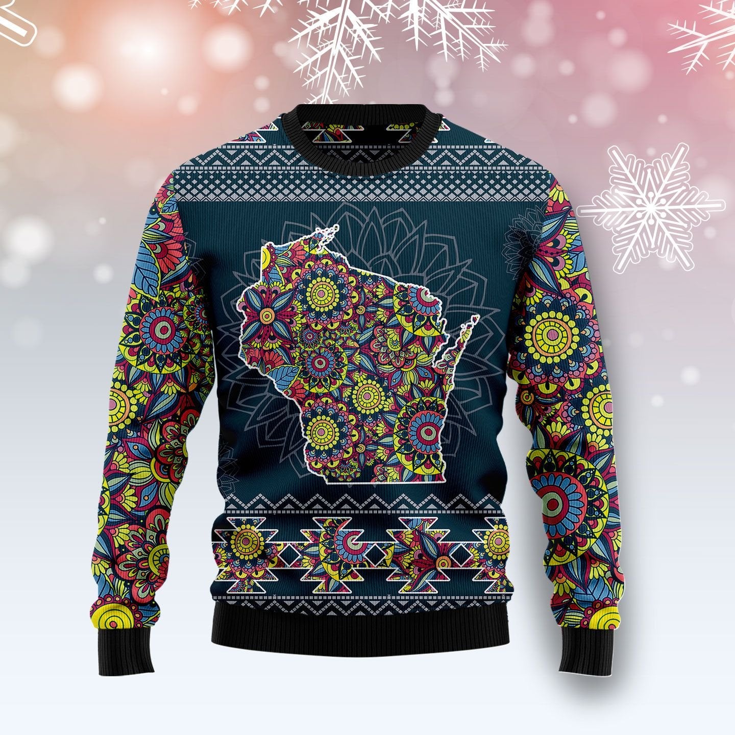 Wisconsin Blue Mandala Ugly Christmas Sweater | For Men & Women | Adult | Us4188