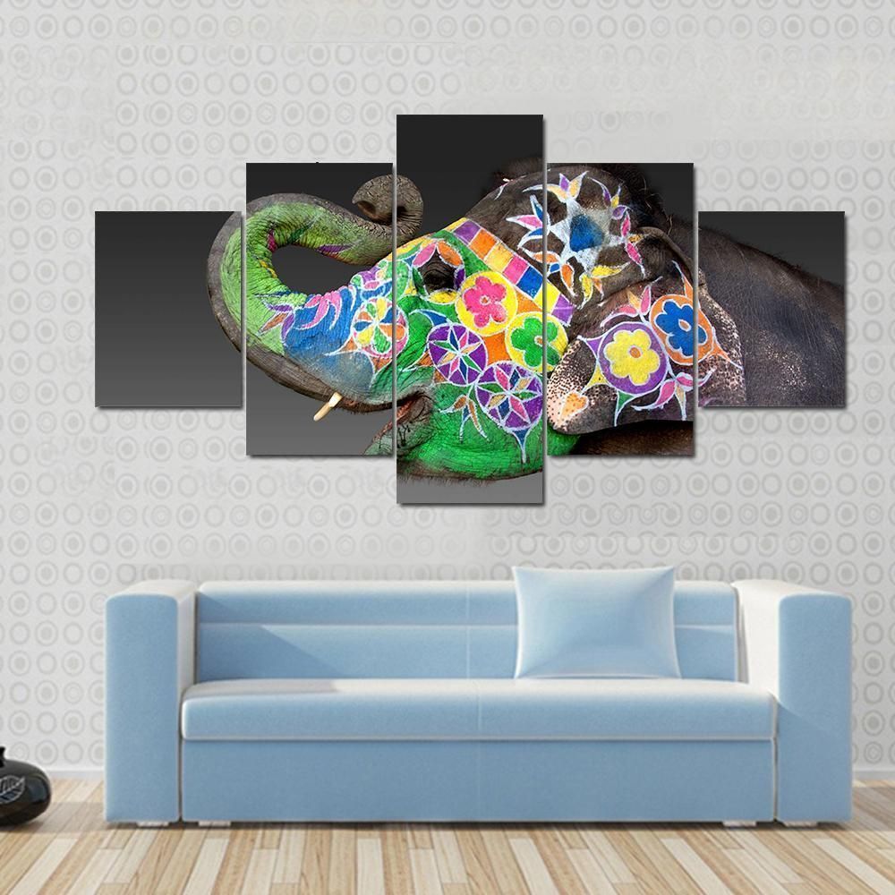 An Elephant Decorated For Holi In Jaipur India Animal 5 Panel Canvas Art Wall Decor