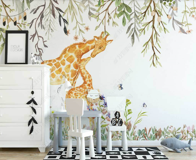 3D Hand Drawn Leaf Animal Giraffe Wall Mural Wallpaper Lqh 26