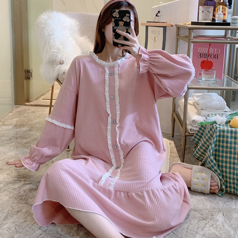 Women’s Green Cotton Pajamas Night Dress Home Clothes Spring Sutumn Long Sleeve Soft Nightdress Homewear alx