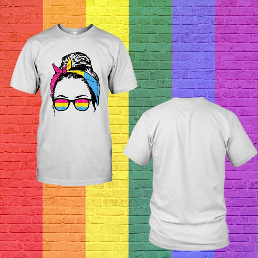 Pansexual T Shirt, Womens Messy Hair Bun Mom Lgbtq Pride Pansexual Pan Flag Women T Shirt