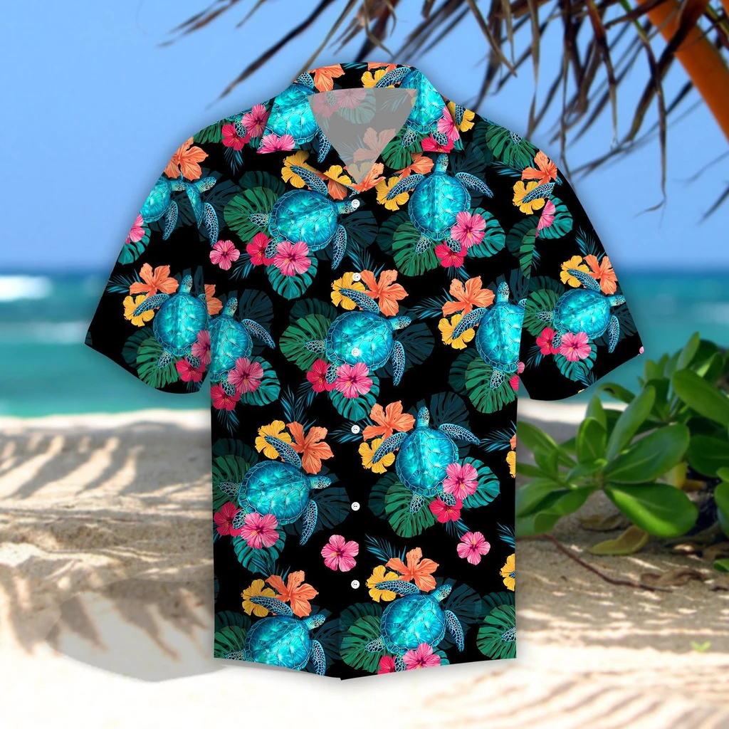 Turtles Hibiscus Tropical Polyester Hawaii Shirt Ha38649