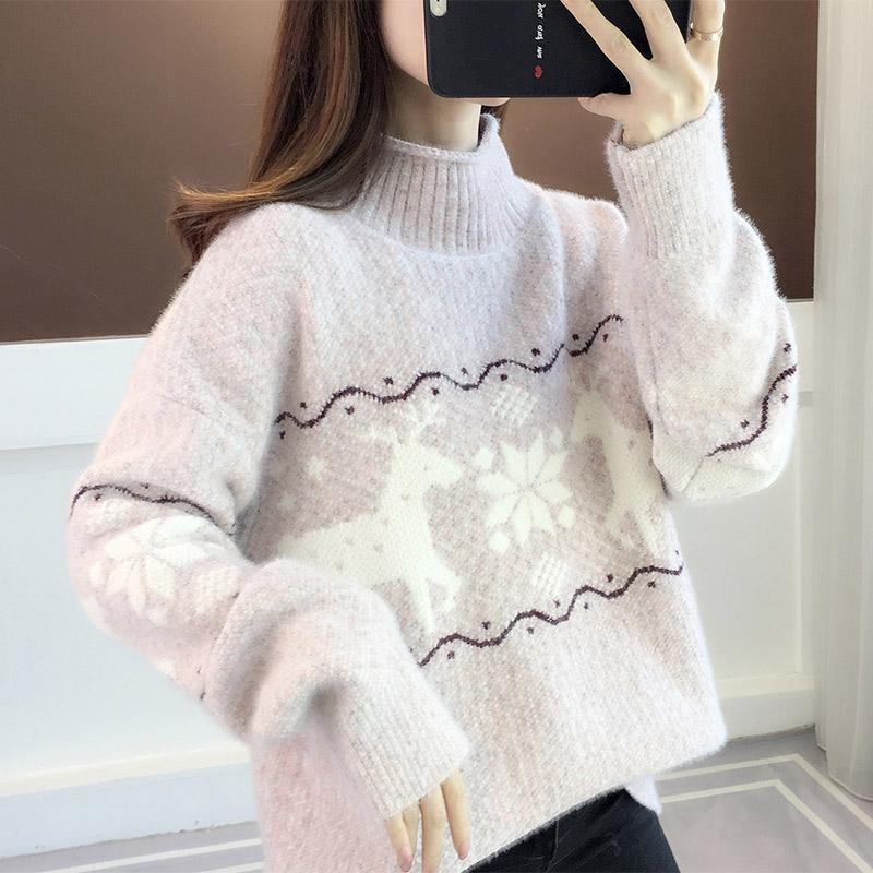 Christmas Sweaters Chenille Mock Neck Dear Print Pullover Long Sleeve Top Knit Cropped Winter Clothes Warm Woman Jumper A0008 alx