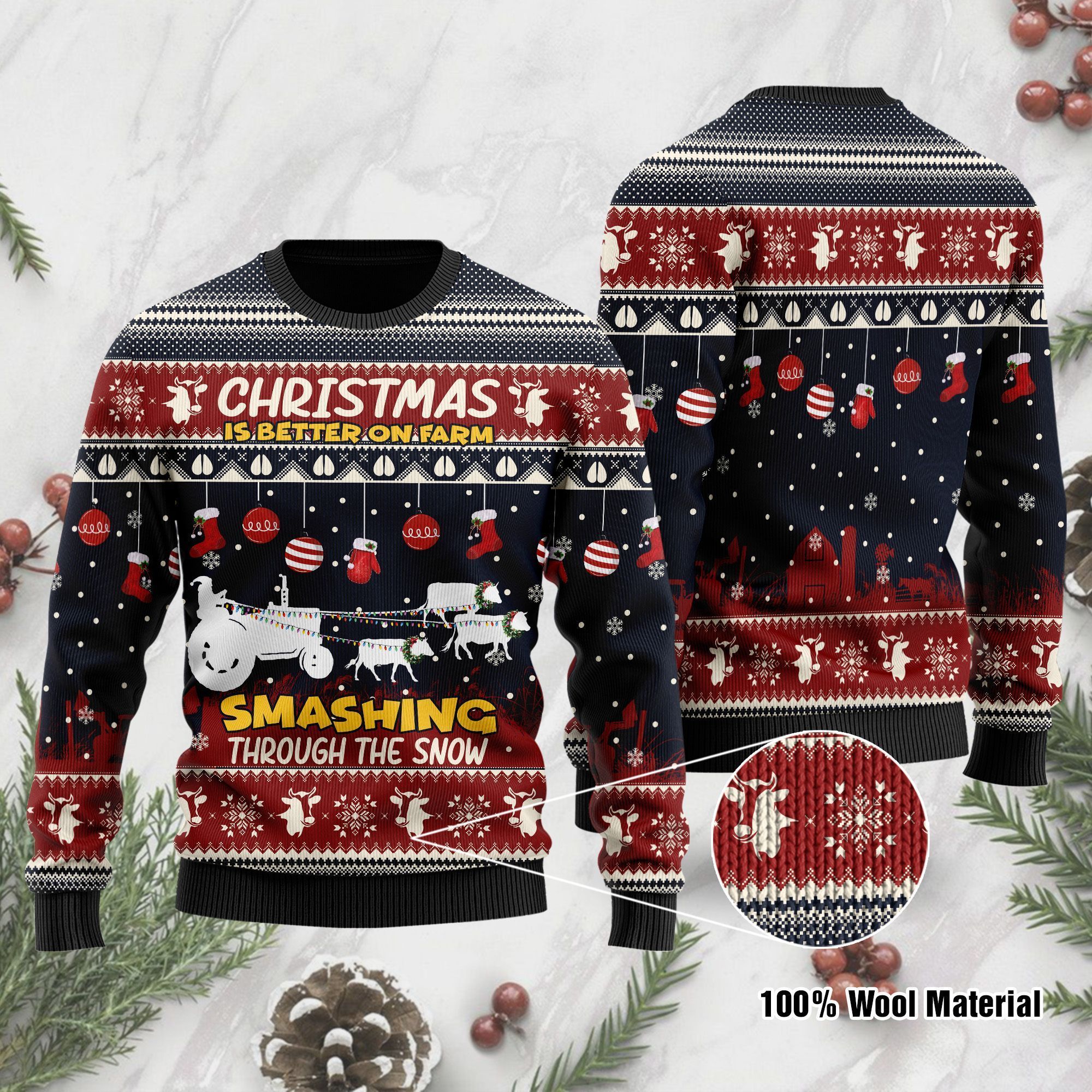 Santa Claus With Reindeer Cow Ugly Sweater With Sayings Christmas Is Better On Farm Smashing Through The Snow For Farmer