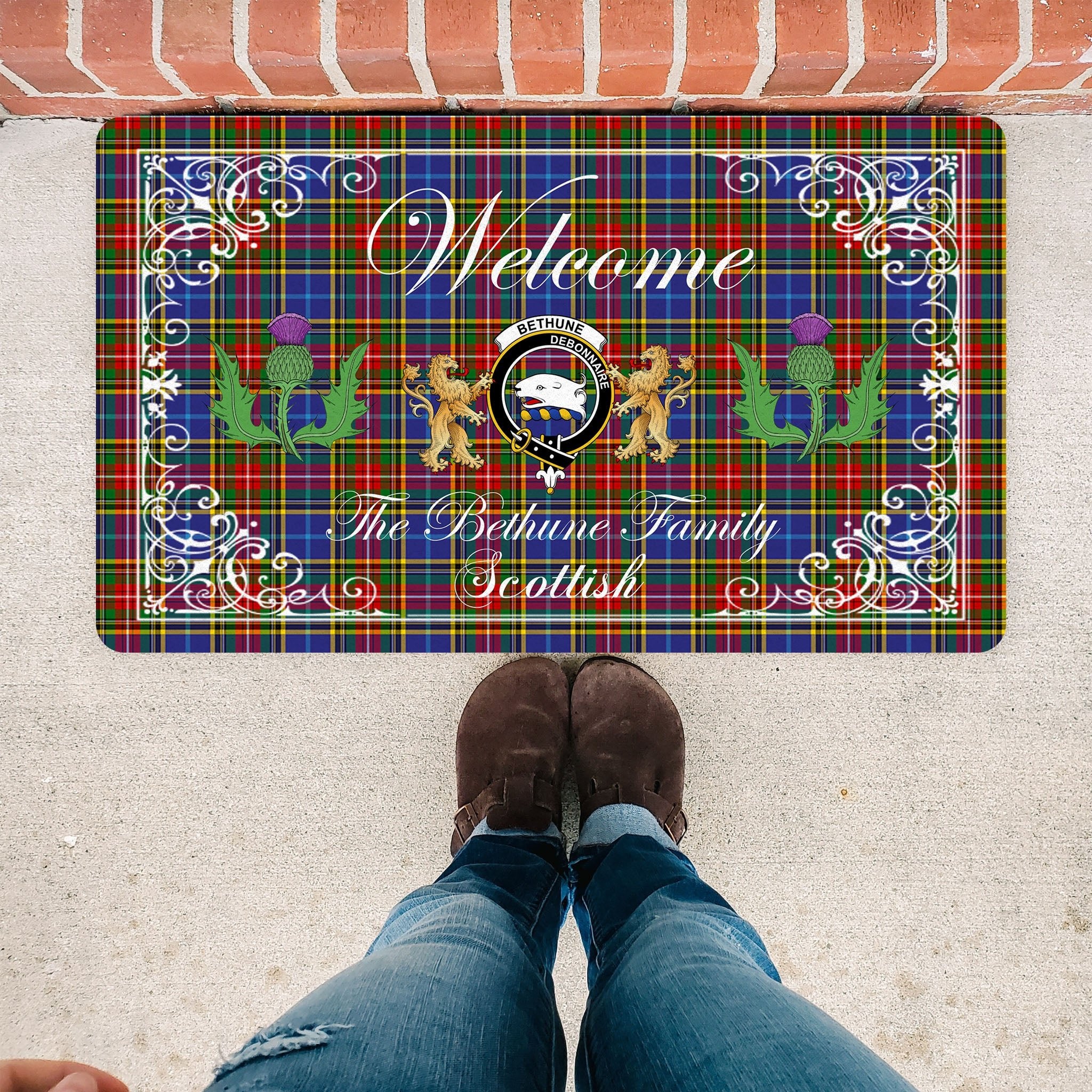 Scotstee Shop Tartan Door Mats Clan Bethune Badge Tartan Thistle And Two Lion Scottish Plaid Doormat, Christmas Door Mat Gift