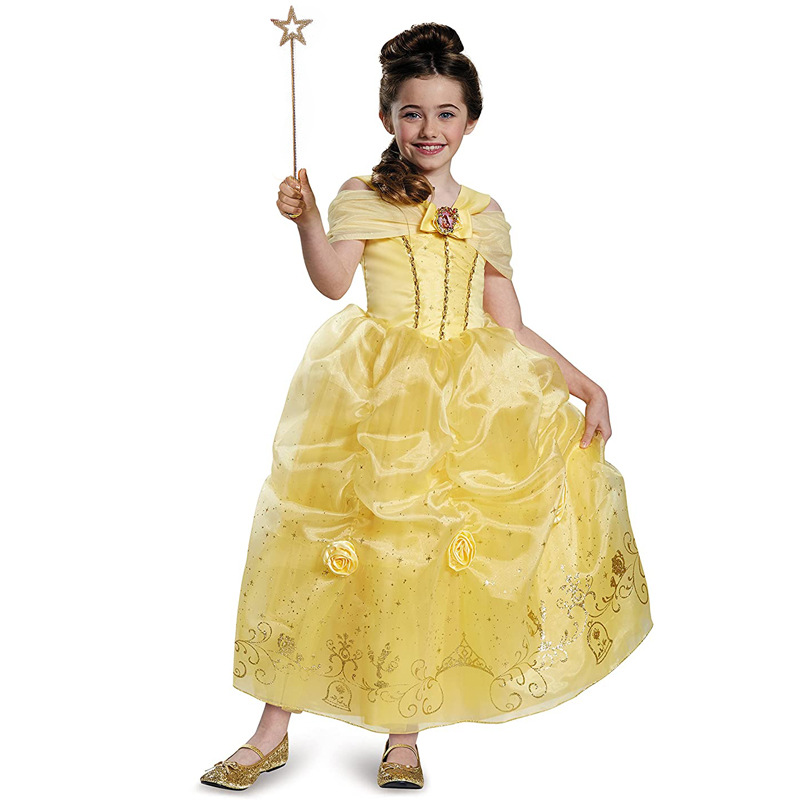 Beauty and the Beast Princess Costume for Girls Yellow Dress Party Christmas Carnival Christmas Halloween Birthday Ball Gown alx