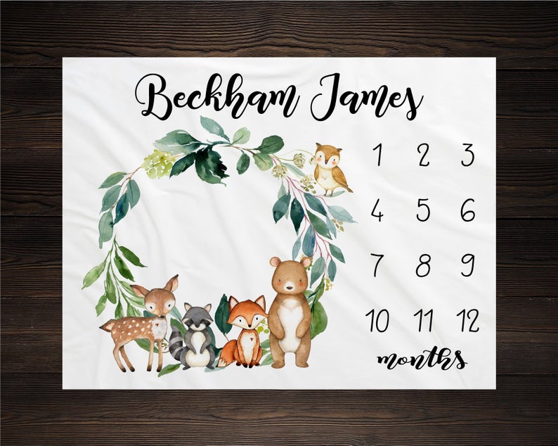 Woodland Milestone Blanket, Monthly Growth Tracker Soft Fleece Blanket, Baby Shower Gift, Newborn Gift Blanket