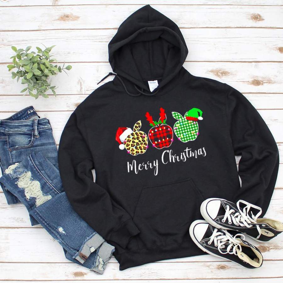 Teacher appel merry christmas leopard plaid aples santa hat deer black hoodie for men and women S-5XL