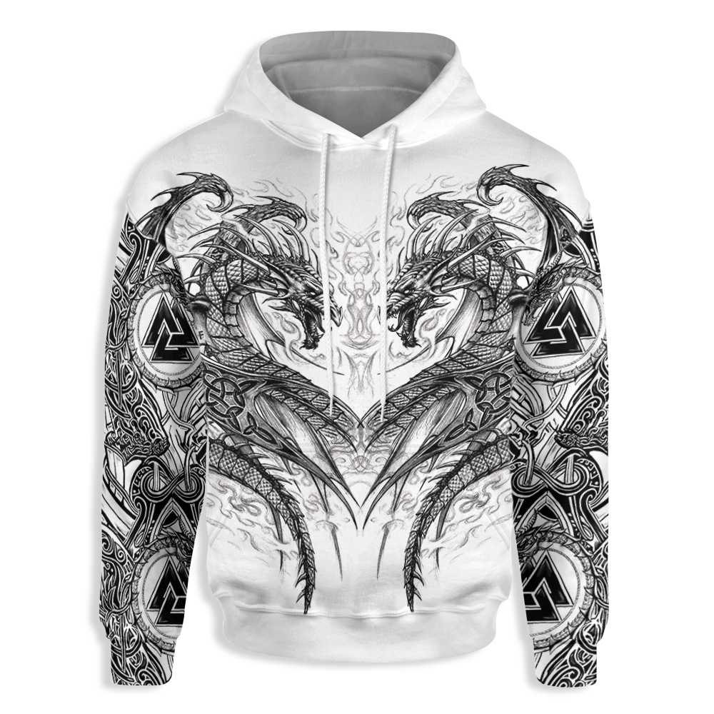 Black And White Viking Dragon All Over Print Hoodie, Dragon Hoodie For Men And Women, Unique Gift For Dragon Lover