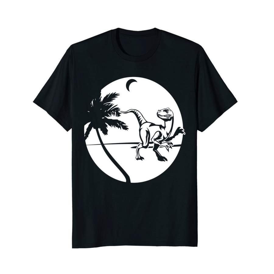 Velociraptor Palm Tree Moon Dinosaur Short Sleeve T-Shirt