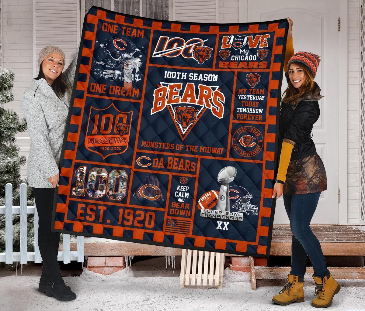 100Th Chicago Bears Anniversary Quilt Blanket Fan Gift