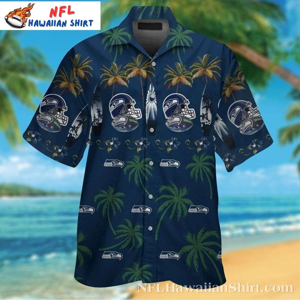 Seahawks Midnight Palms Hawaiian Shirt  Seattle Skyline And Team Helmets