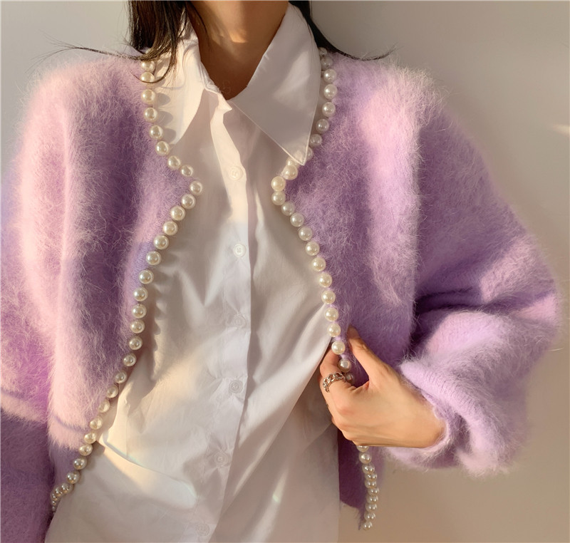 Women Fall Pink Retro Pearls Beaded Mink Cashmere Knitted Cardigan Knitwear Jacket Wool Mohair Sweater Coat Lantern Sleeve Tops alx