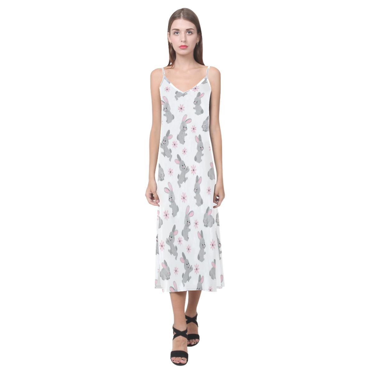 Watercolor cute rabbit pattern V-Neck Open Fork Long Dress