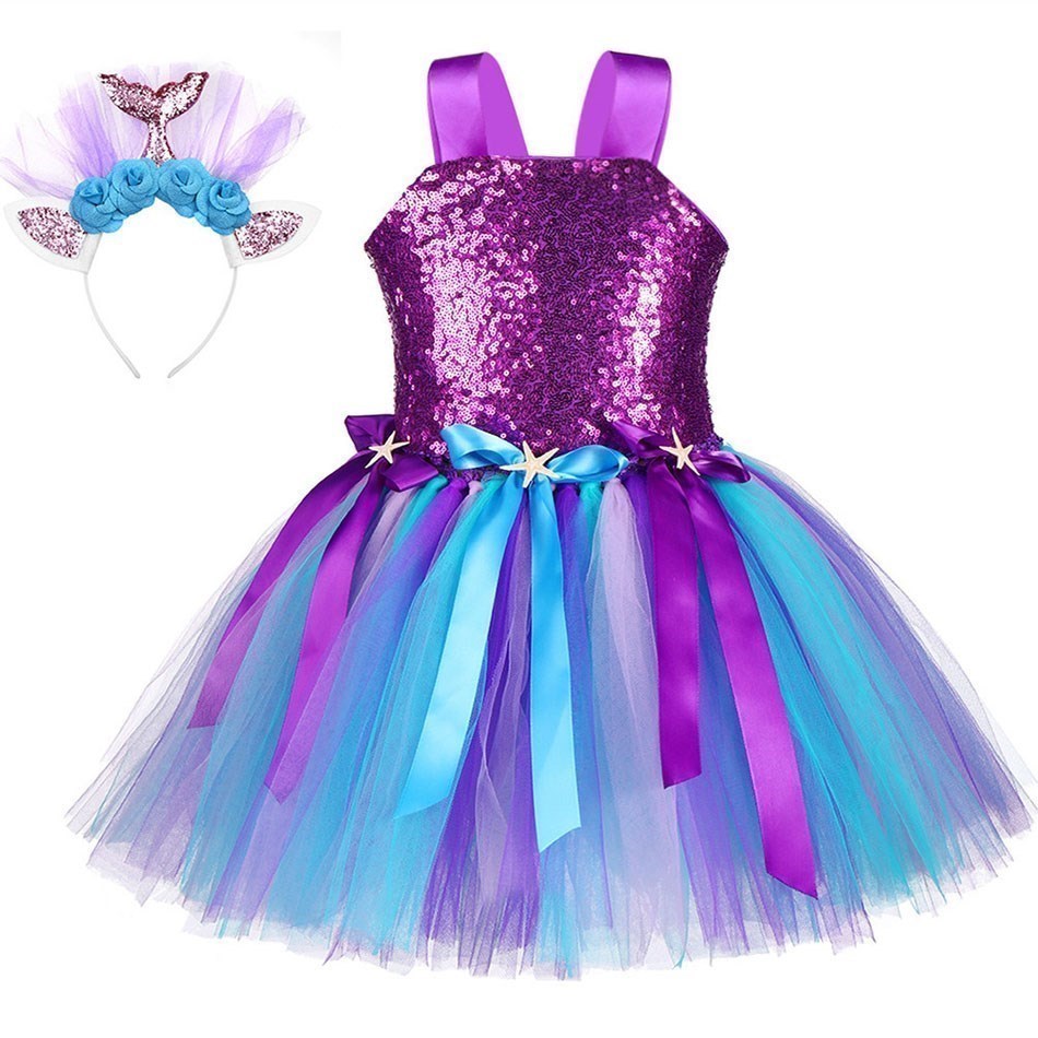 2-12Years Princess Dress Girl Ariel Mermaid Birthday Party Rainbow Dresses Ball Gown Children Halloween Carvinal Cosplay Costume alx