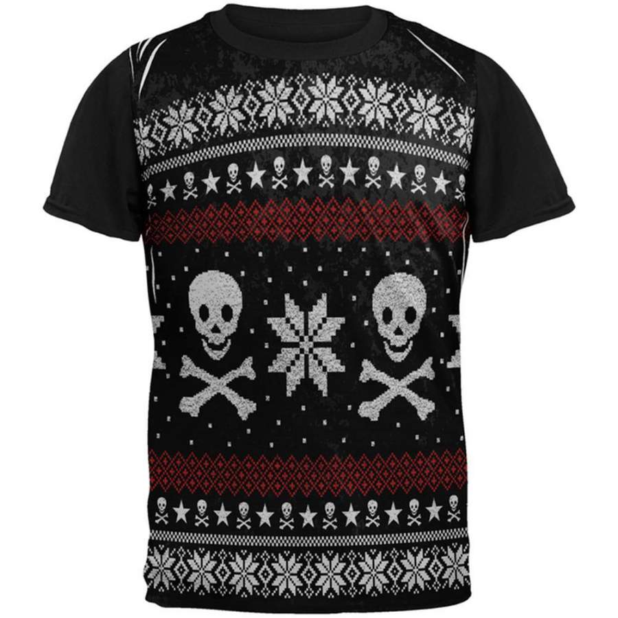 Ugly Christmas Sweater Pirate Skull and Crossbones All Over Mens Black Back T Shirt