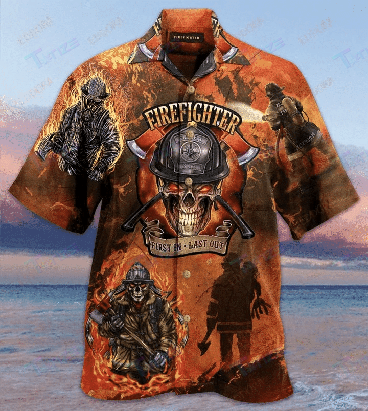 Firefighter First In Last Out Skull Fire All Over Printed Hawaii Shirt Size S Ha64877