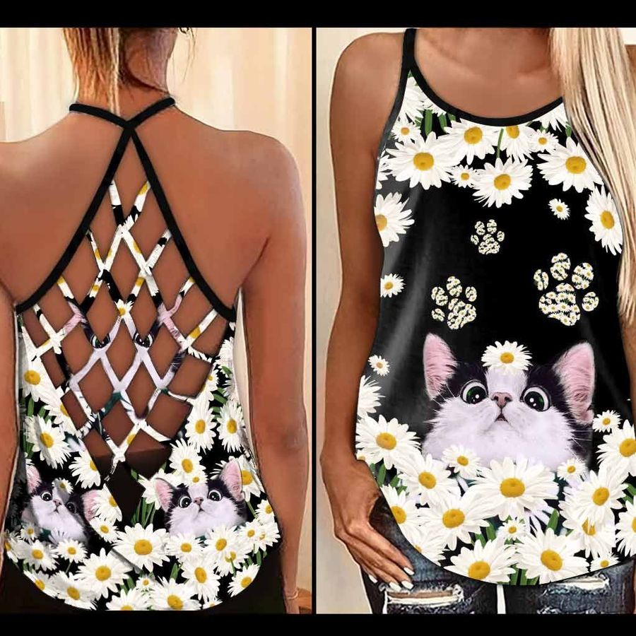 Cat Tank Top – Amazing Lovely Cat Kitten Dairy Flower Criss Cross Tank Top