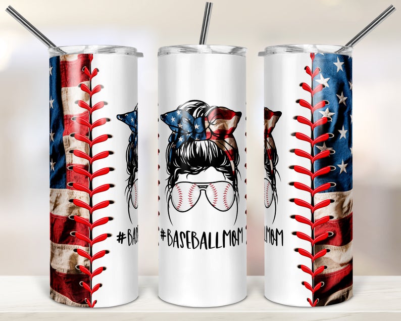 American Baseball Mom Life Bun Hair 20Oz Skinny Tumbler, Baseball Mom Gift, Baseball Mom Tumbler