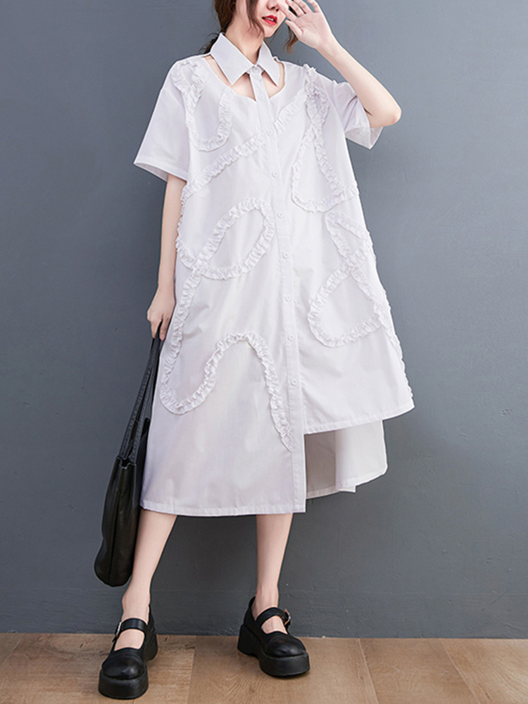 Black Vintage Irregular Hollow Out Shirt Dresses For Women Short Sleeve Loose Casual Summer Dress Fashion Elegant Clothing 2022 alx