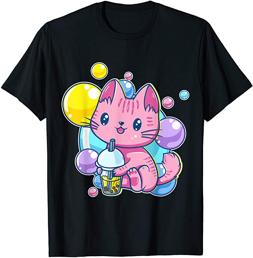 90s Kawaii Pink Pastel Chibi Cat Kitten Drinking Bubble Tea T-Shirt