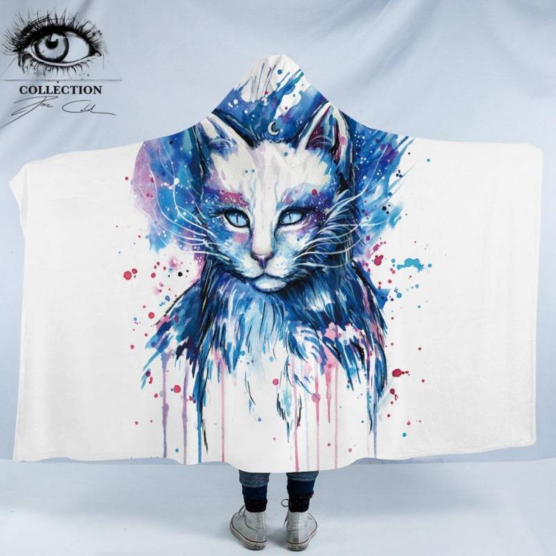 Space by Pixie Cold Art Hooded Blanket Watercolor Cat Sherpa Fleece Wearable Animal Eye Throw Blanket 150x200cm Blue Red Bedding